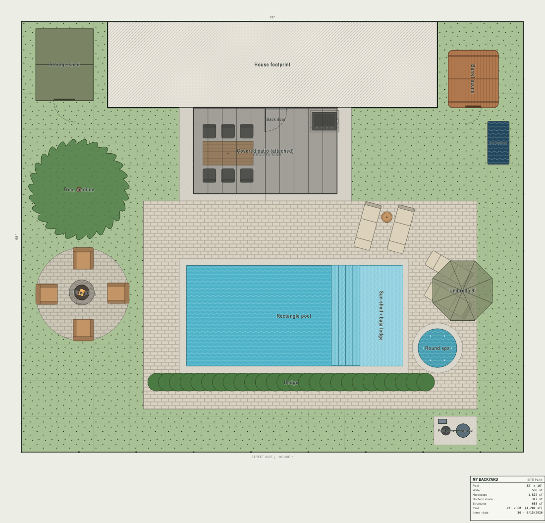 Site plan of a backyard with a 32 by 16 foot rectangle pool, sun shelf, round spa, covered patio and fire pit